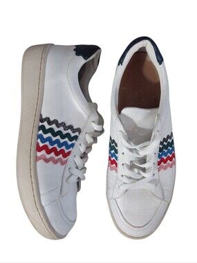 Loeffler Randall Elliot White Leather Sneakers with Rainbow Wavy Accents Sz 7.5